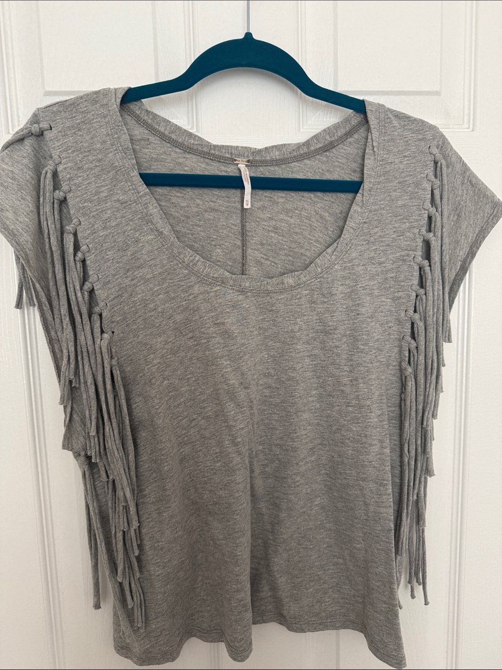 Free People Gray Fringe Short Sleeve Tee